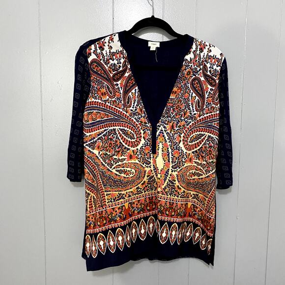 Anthropologie Tiny Blue Persian Pear Paisley Split Neck Mixed Media Boho Top S - Picture 3 of 8